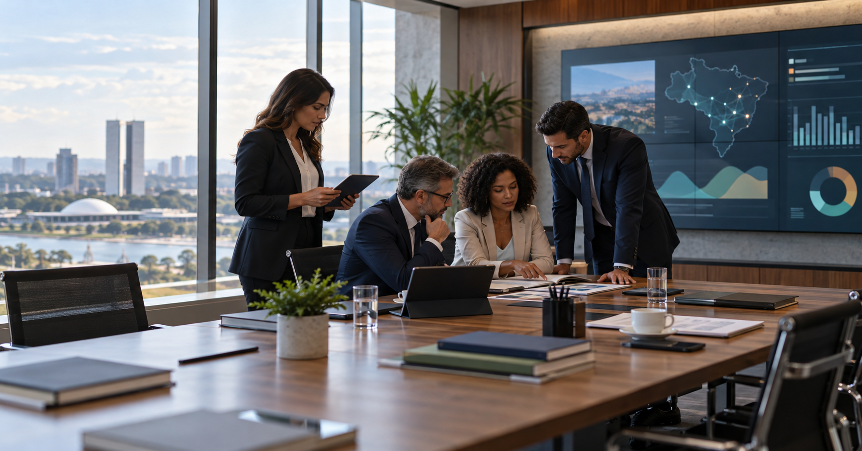 Equipe de gabinete reúne documentos e tablet em uma mesa de trabalho com painel de dados ao fundo