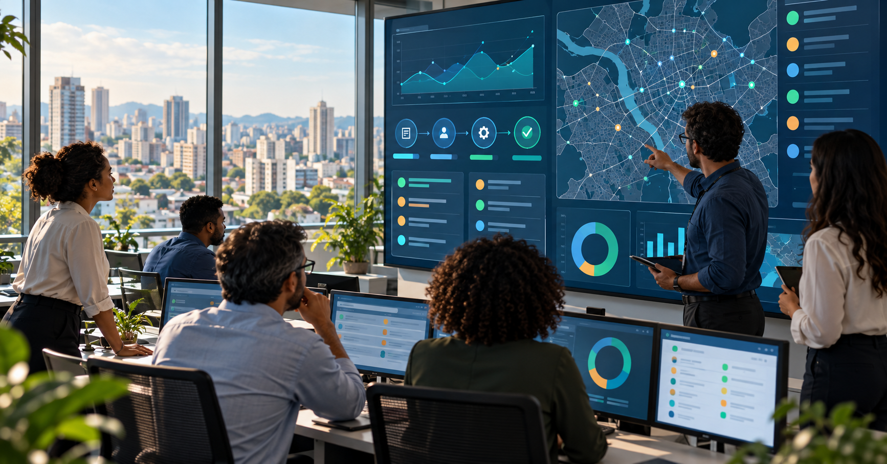 Equipe de gestão municipal analisa fluxos de trabalho e mapa urbano em um painel operacional