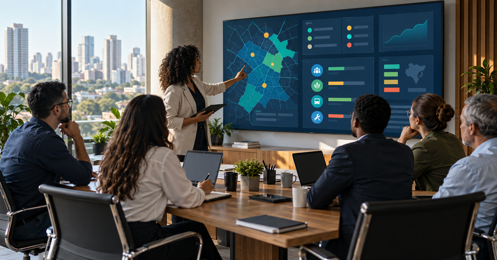 Equipe de gabinete em reunião matinal diante de um painel com mapa e indicadores de prioridades