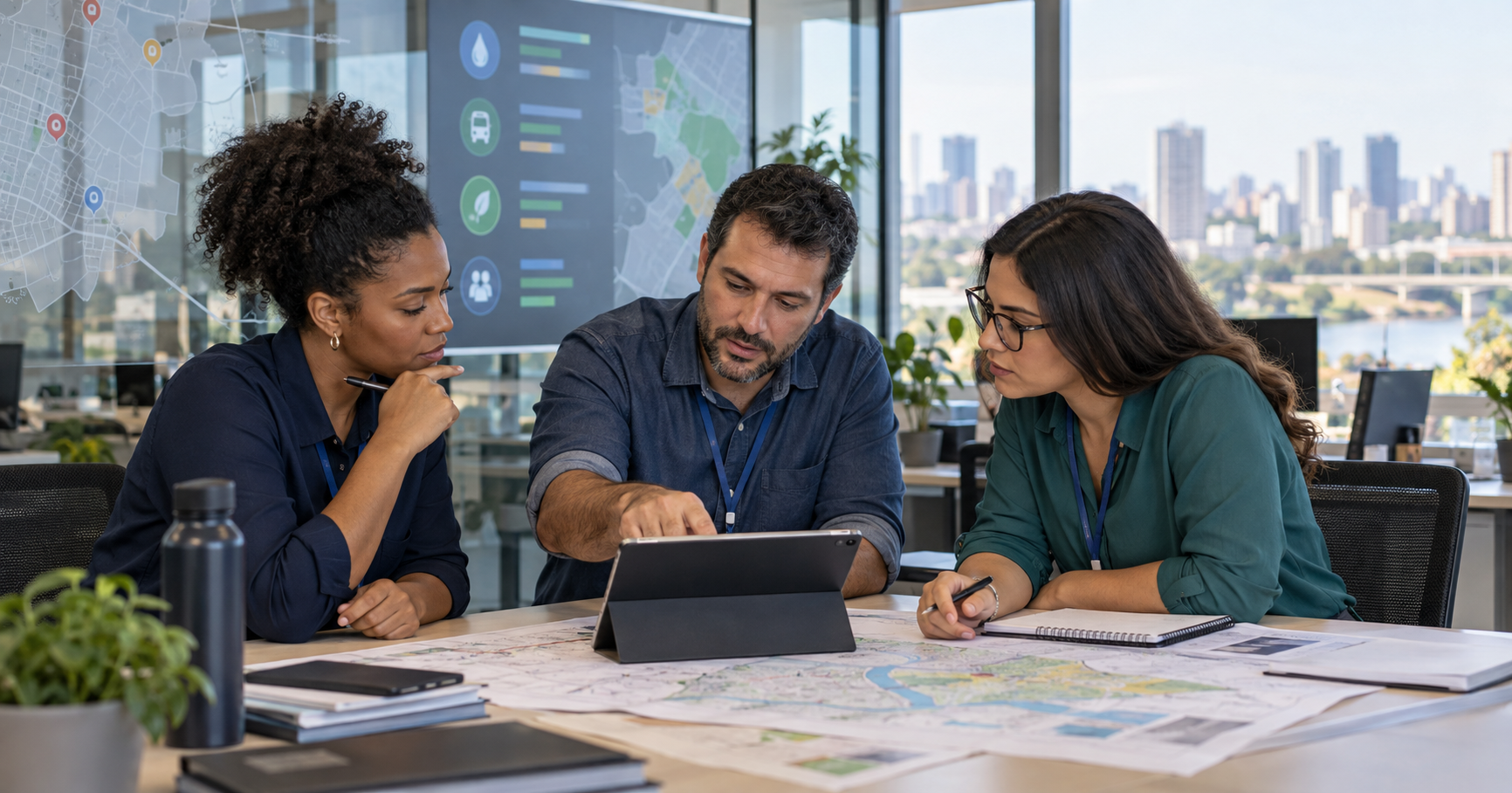 Equipe de gestão pública analisa mapa e dados de serviços antes de comunicar resultados à população