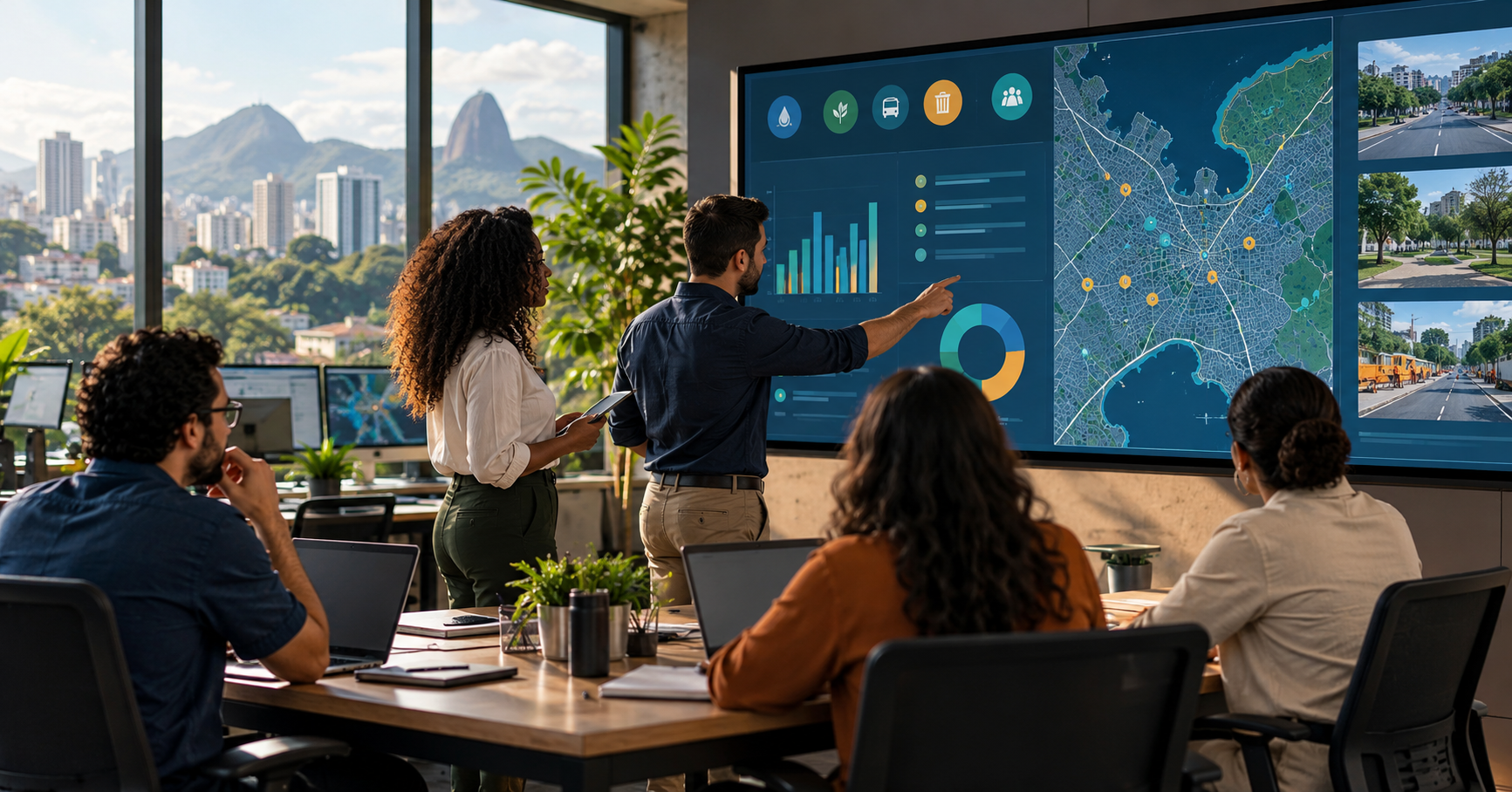 Equipe de comunicação municipal analisa painel e mapa urbano para preparar atualizações sobre serviços públicos