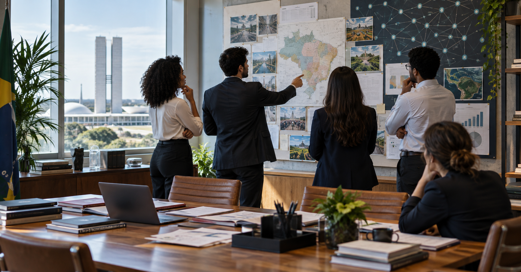 Equipe de gabinete consulta mapas, documentos e conexões de informação em uma sala de trabalho