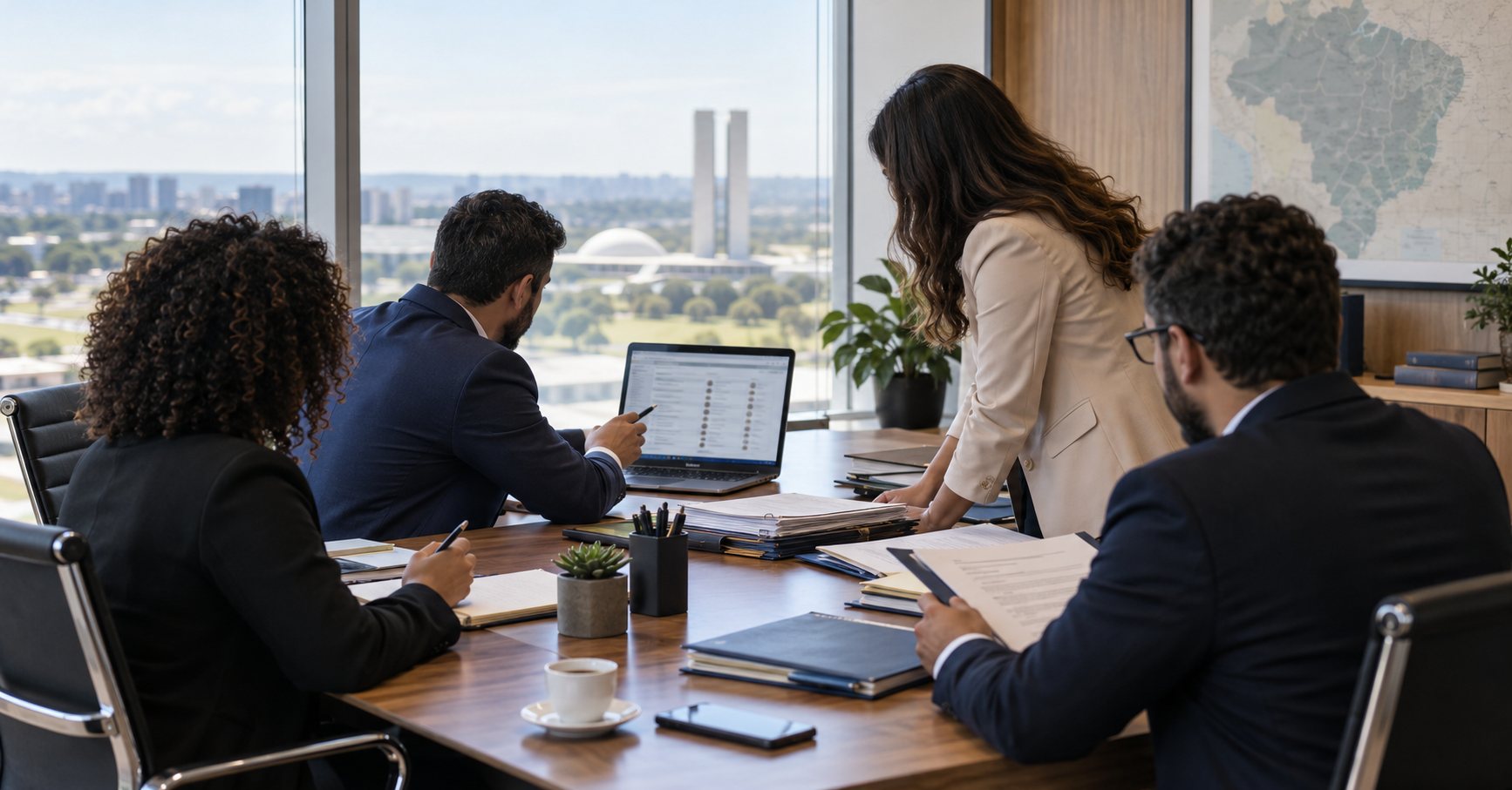 Equipe de gabinete organiza contatos institucionais e documentos em uma reunião de trabalho