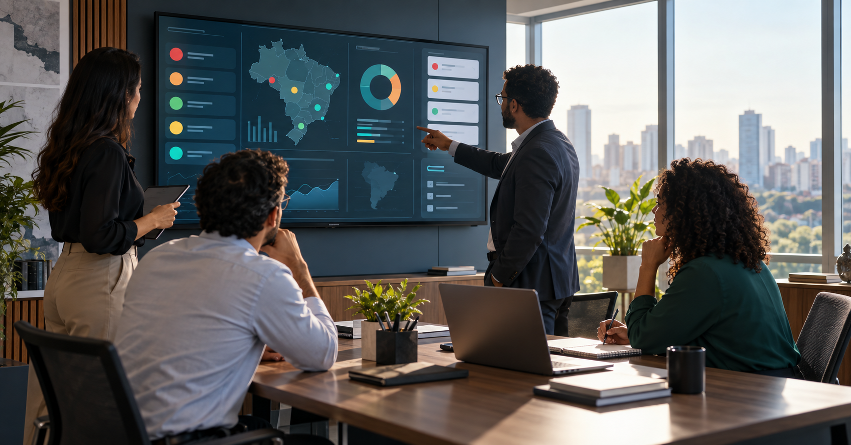 Equipe de gabinete analisa riscos, prioridades e indicadores em painel de trabalho institucional