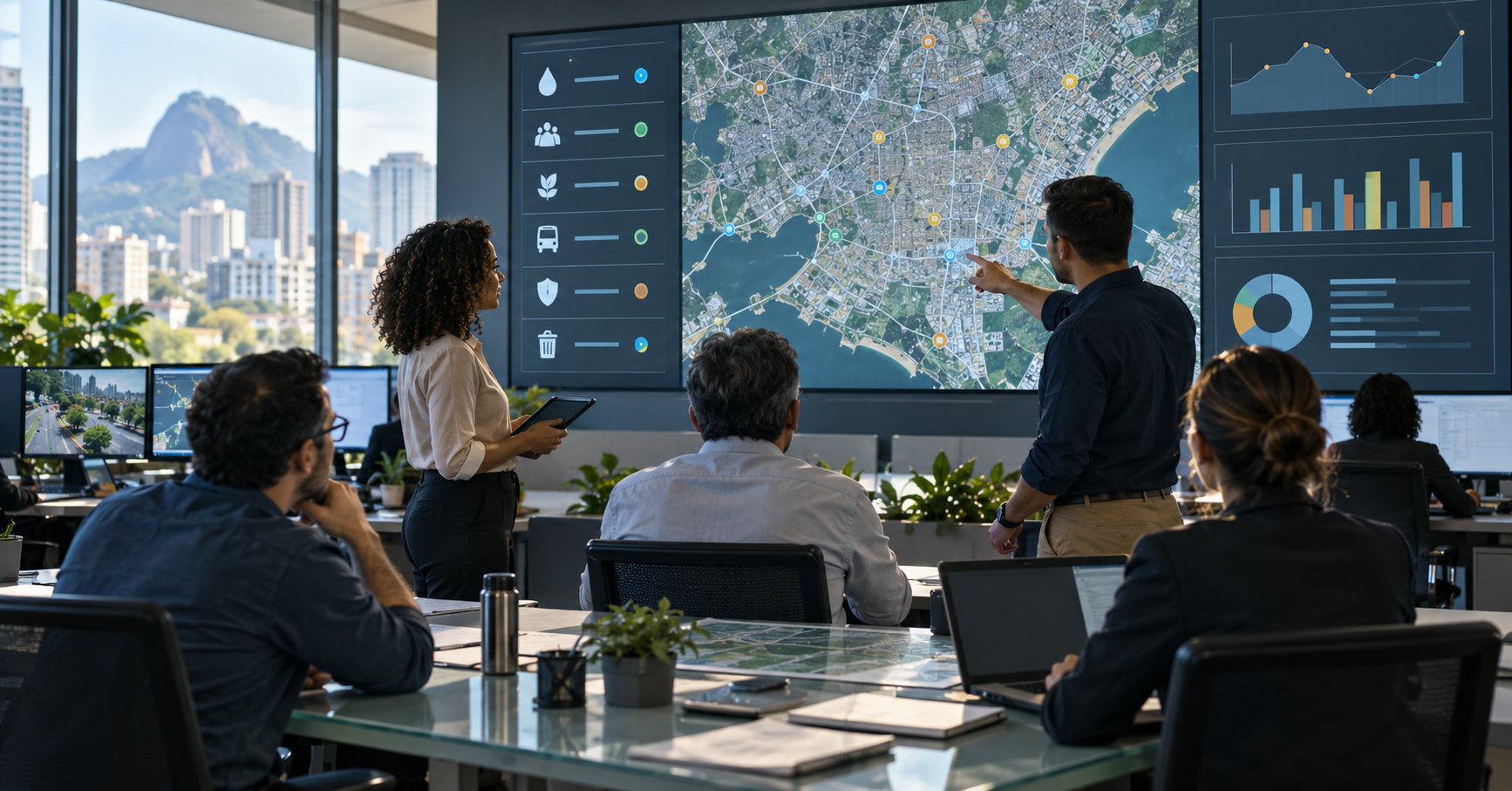 Equipe de gestão municipal coordena demandas entre secretarias diante de mapa urbano e painéis operacionais