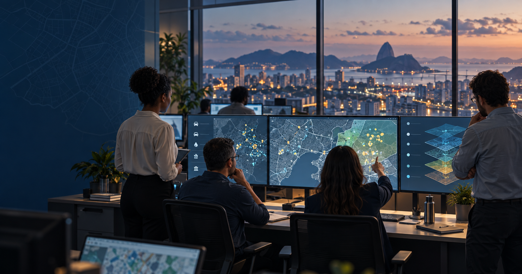 Equipe municipal analisa mapas e informações de serviços em uma sala de operações ao entardecer