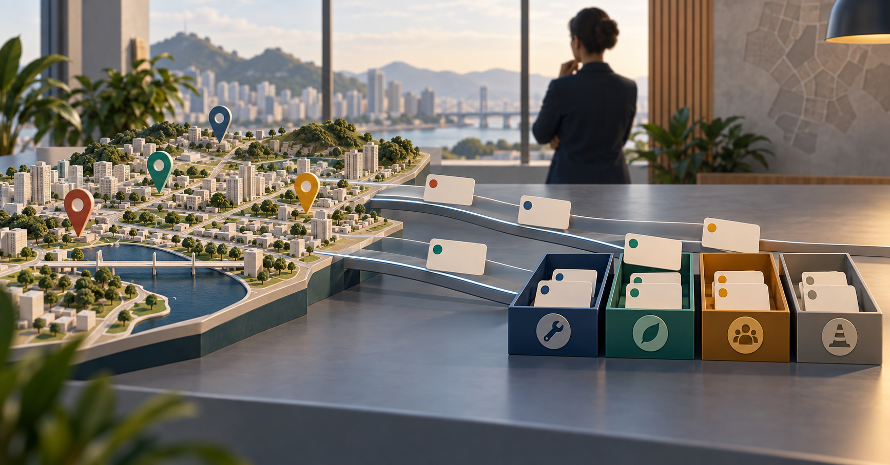 Mapa urbano em miniatura e cartões sem texto organizados por categorias em uma mesa de gestão municipal