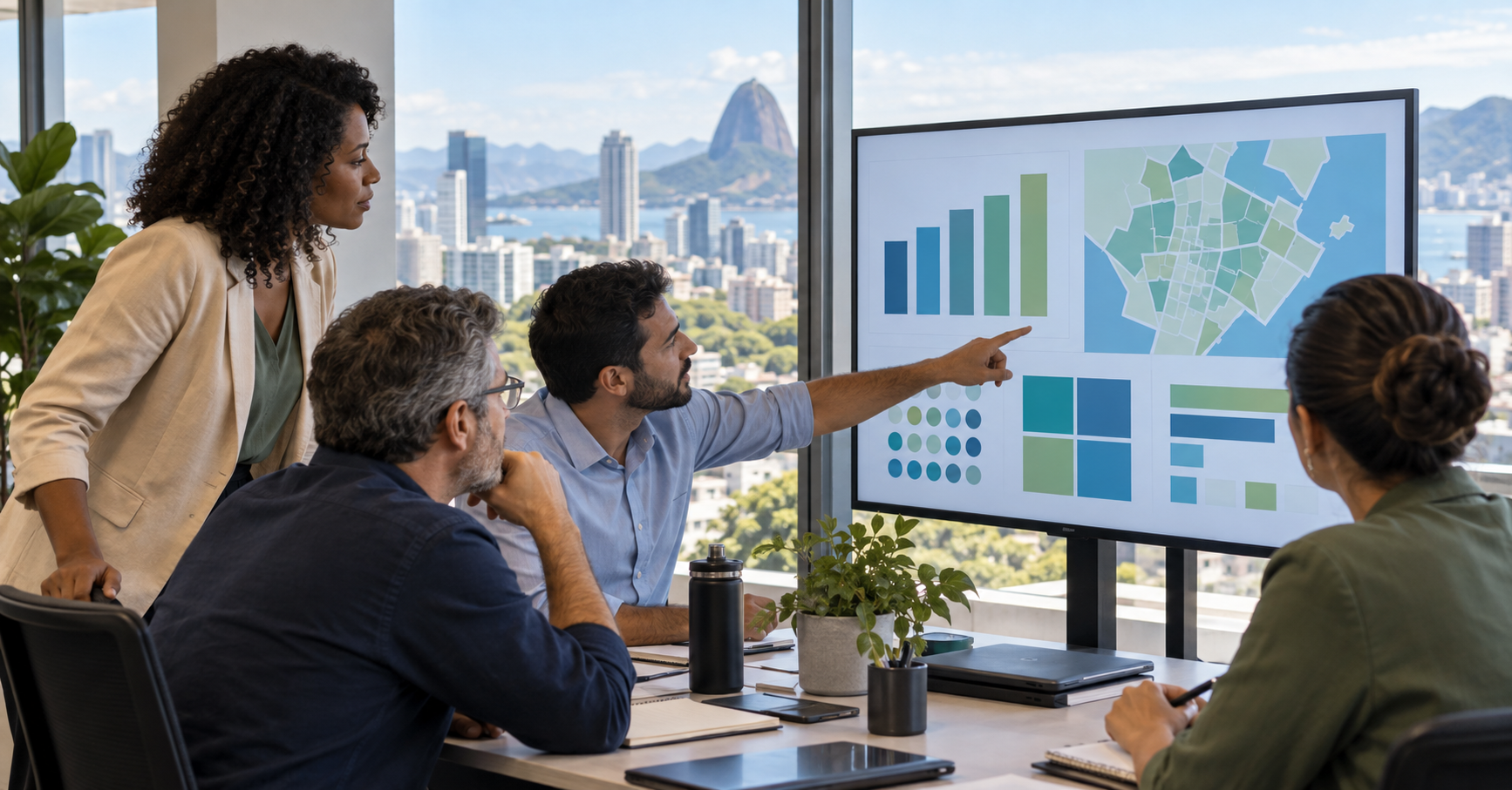 Equipe de gestão pública analisando indicadores visuais e mapa urbano em painel digital