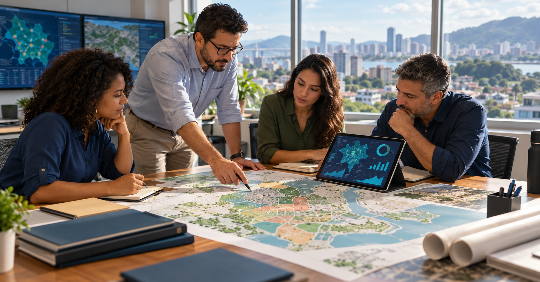 Equipe de gestão municipal analisa mapa territorial e informações de serviços em uma mesa de trabalho