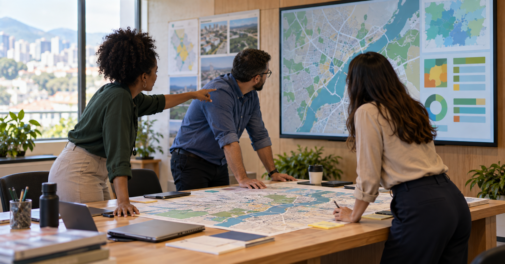 Equipe de gestão municipal analisa mapa urbano e prioridades de atendimento em uma sala de trabalho