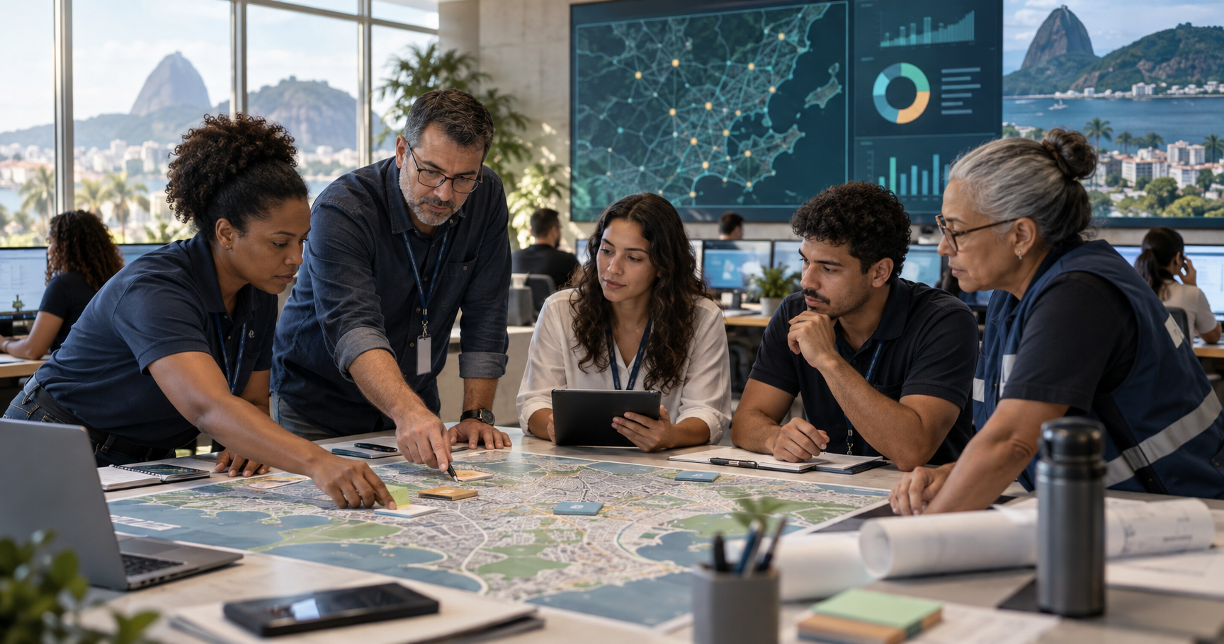 Equipe municipal analisa um mapa urbano e painel de dados para acompanhar solicitações de cidadãos