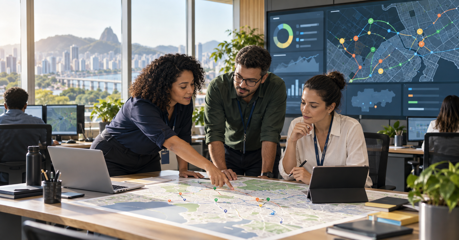 Equipe de gestão municipal analisa mapa territorial e painel de solicitações do cidadão
