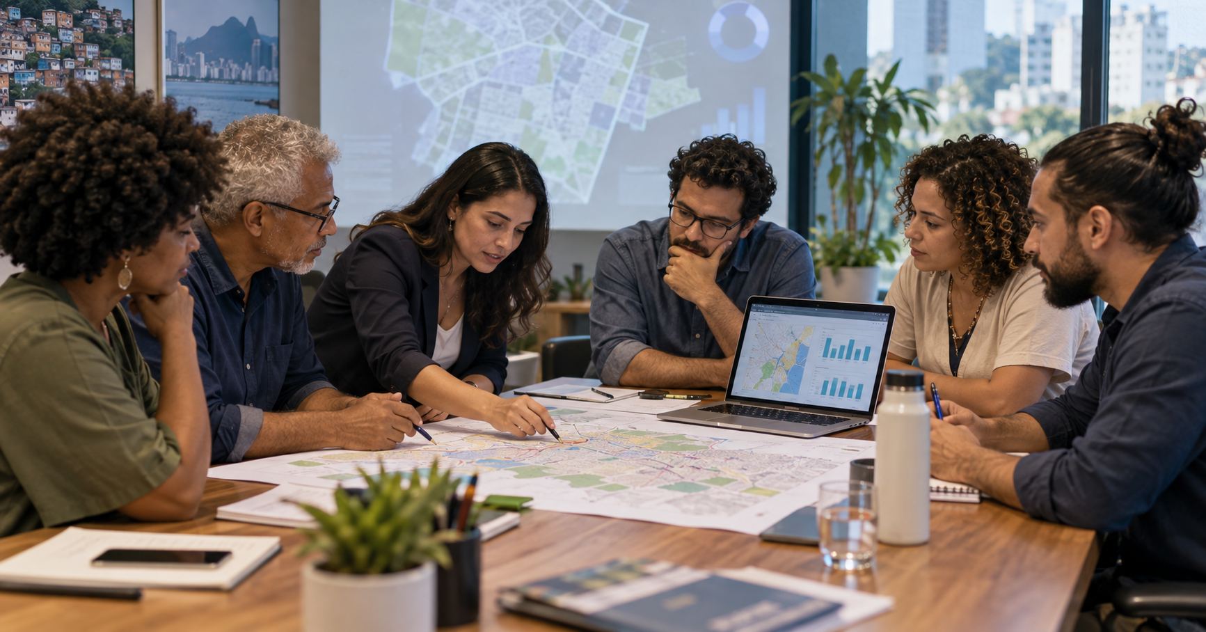 Equipe de gabinete e representantes da comunidade analisam mapa de bairros e painel de demandas em uma reunião