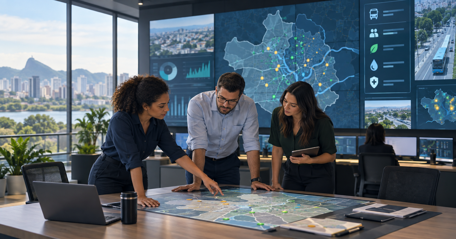 Equipe de gestão municipal analisa mapa territorial e painéis operacionais em uma sala de situação