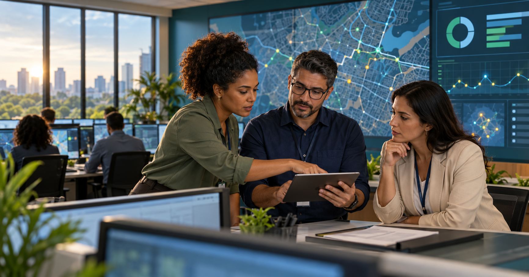 Equipe de gestão pública analisa atendimento ao cidadão em tablet diante de mapa urbano e painel de dados