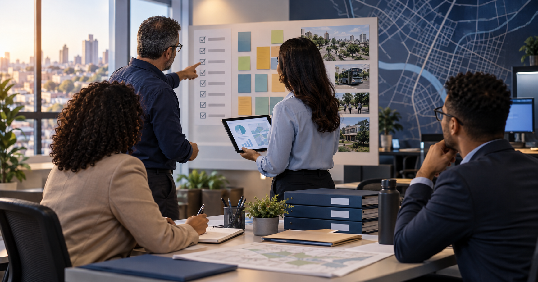 Equipe de secretaria municipal organiza uma transição de gestão com mapa urbano, documentos e painel de acompanhamento
