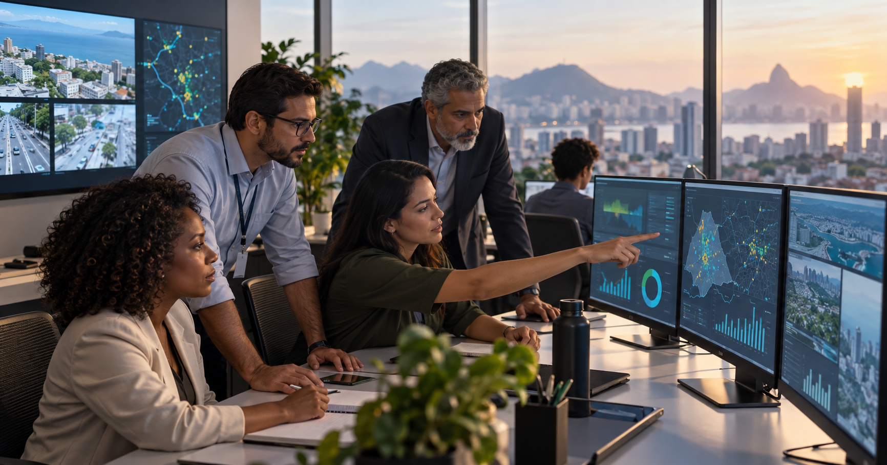 Equipe de gestão pública analisando painéis e mapas para priorizar ações com apoio de inteligência artificial